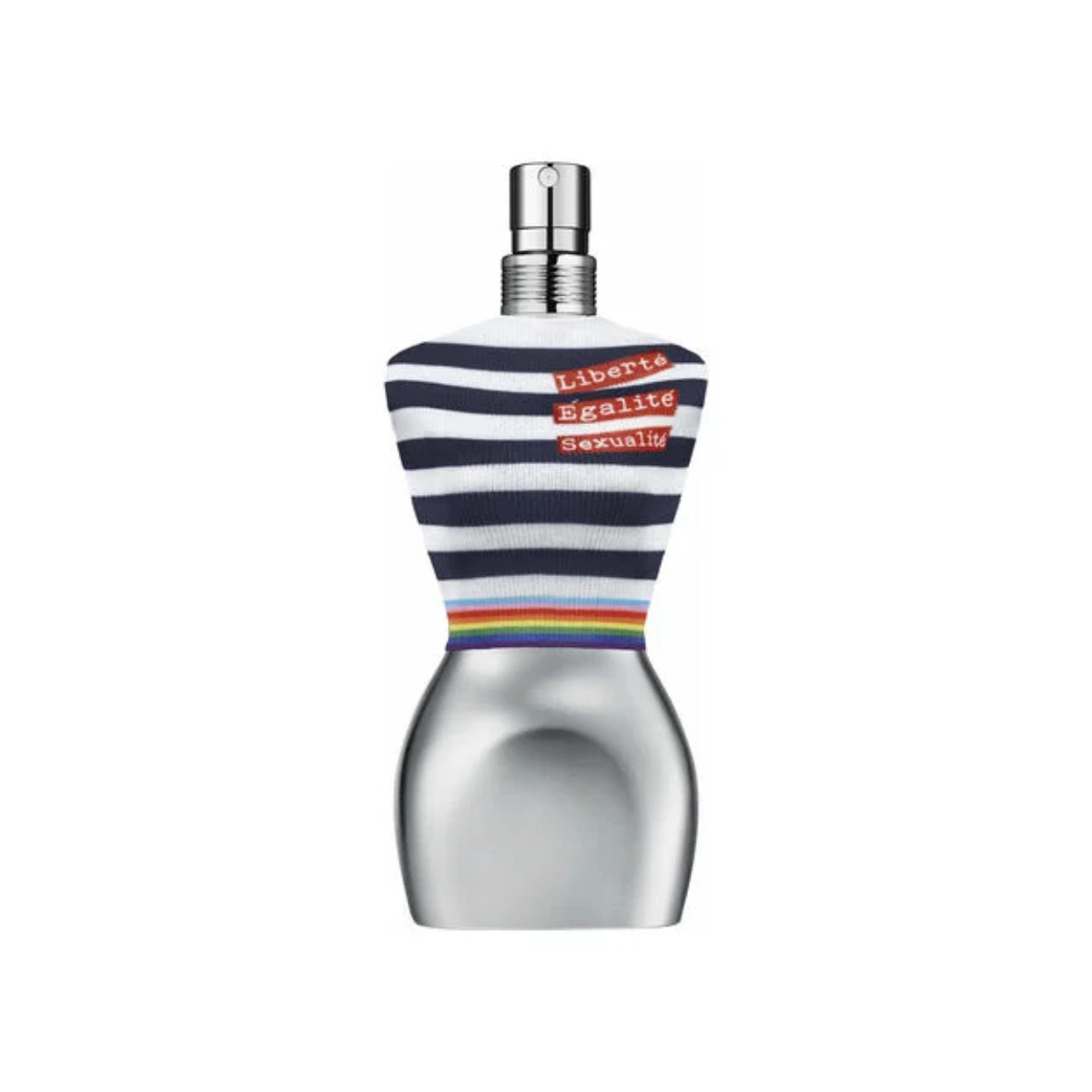 Perfume bottle with striped cover and silver base on a white background