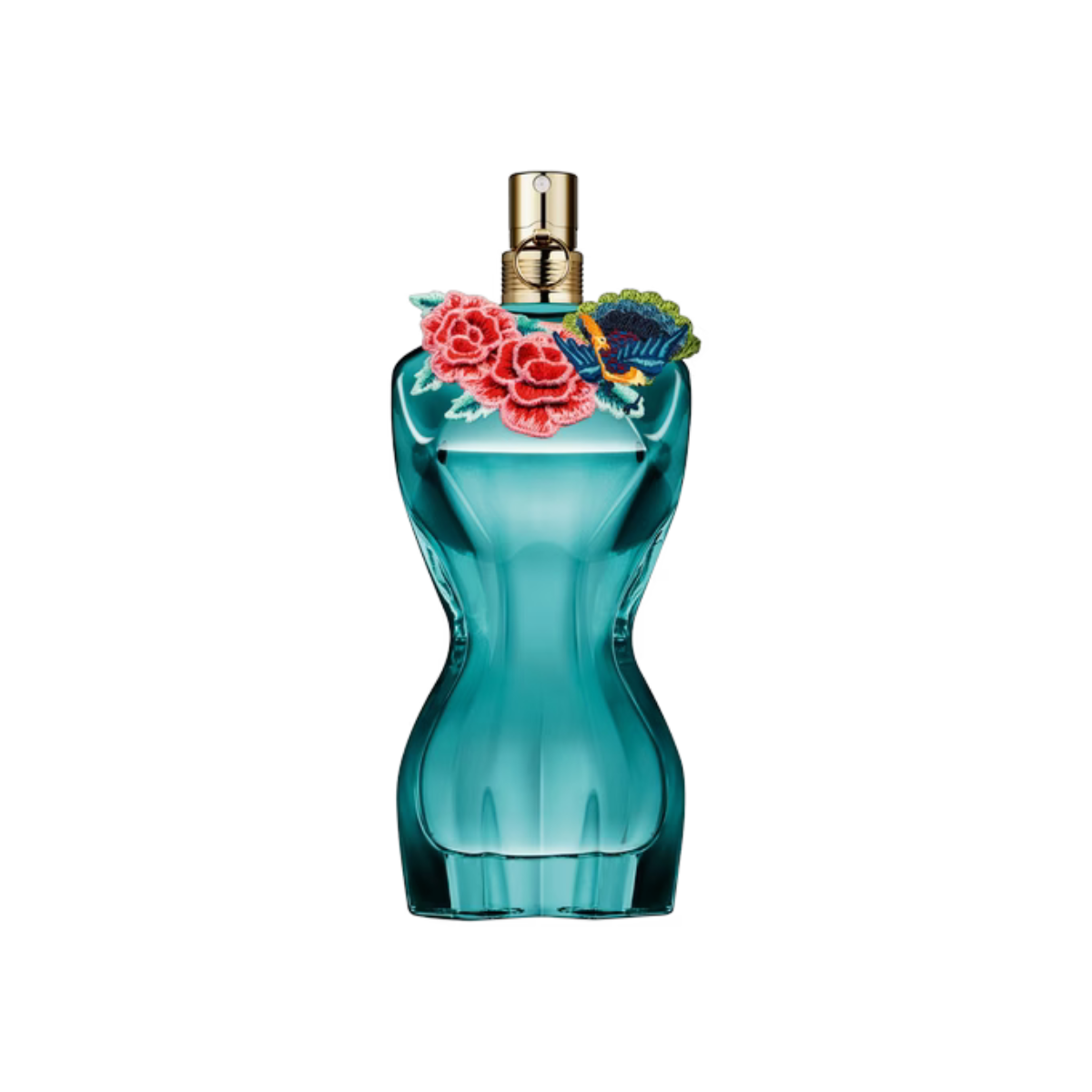 Blue perfume bottle with floral design on a white background