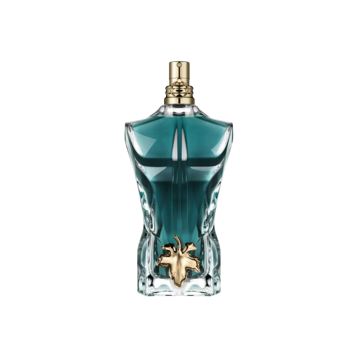 Teal perfume bottle with gold accents on a white background