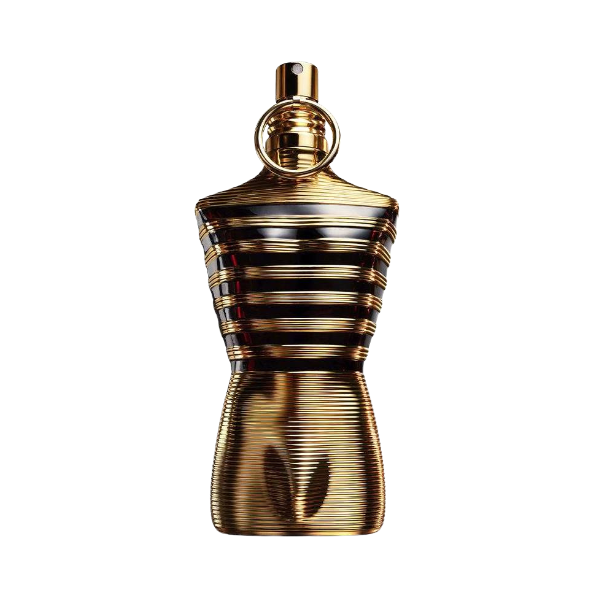Gold and black striped perfume bottle on a white background