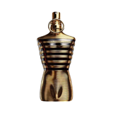 Gold and black striped perfume bottle on a white background