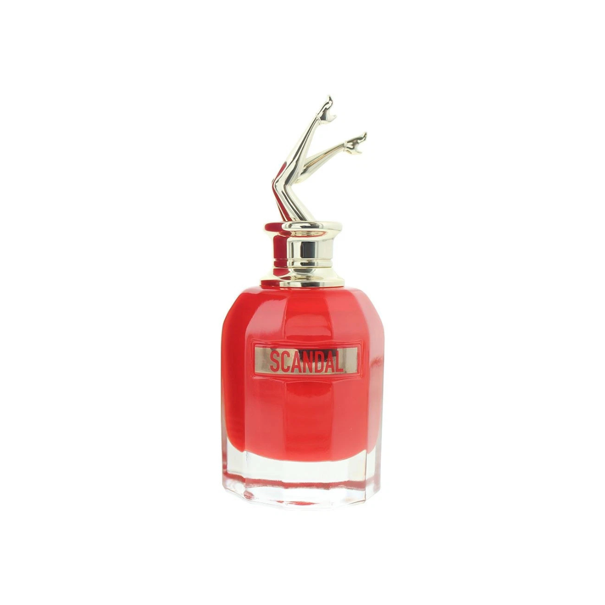 Red perfume bottle with gold cap on a white background