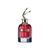 Red perfume bottle with gold cap on a white background