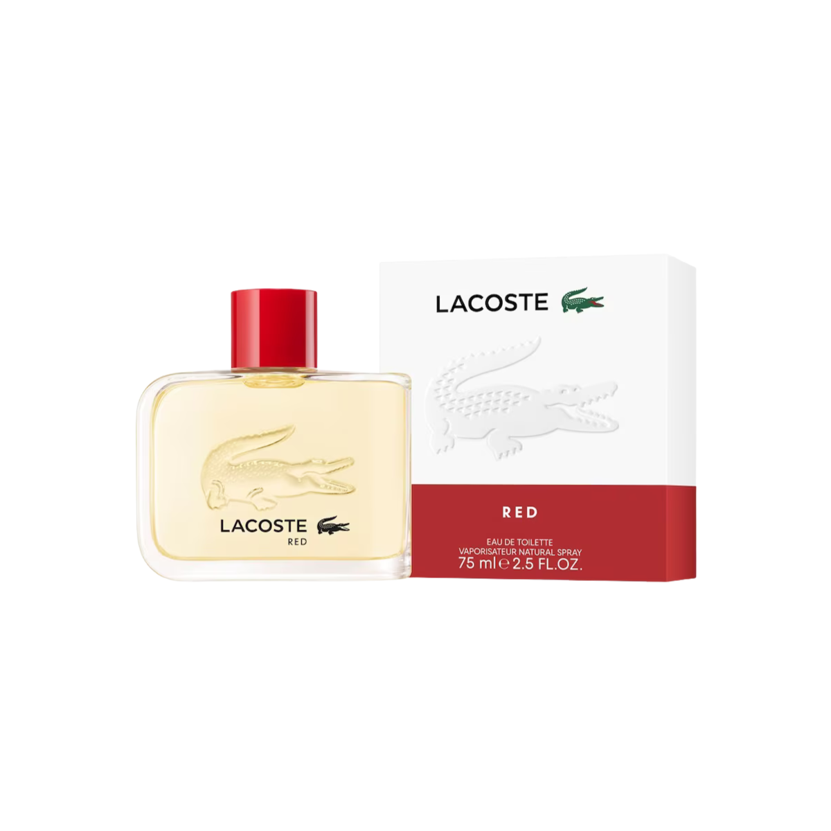 Lacoste Red perfume bottle and packaging on a white background