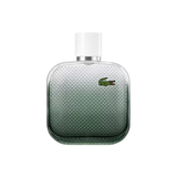 Green Lacoste perfume bottle on a white background