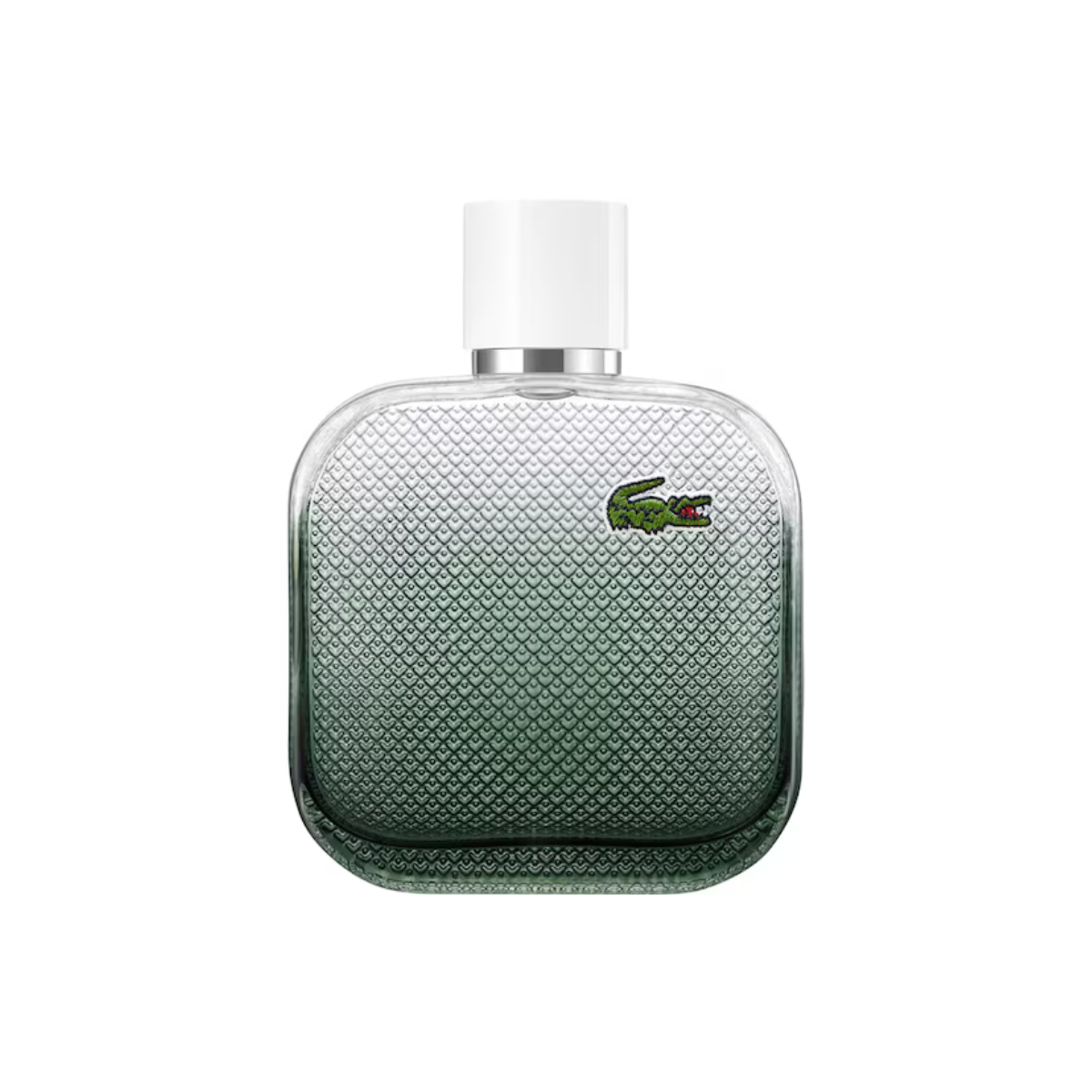Green Lacoste perfume bottle on a white background