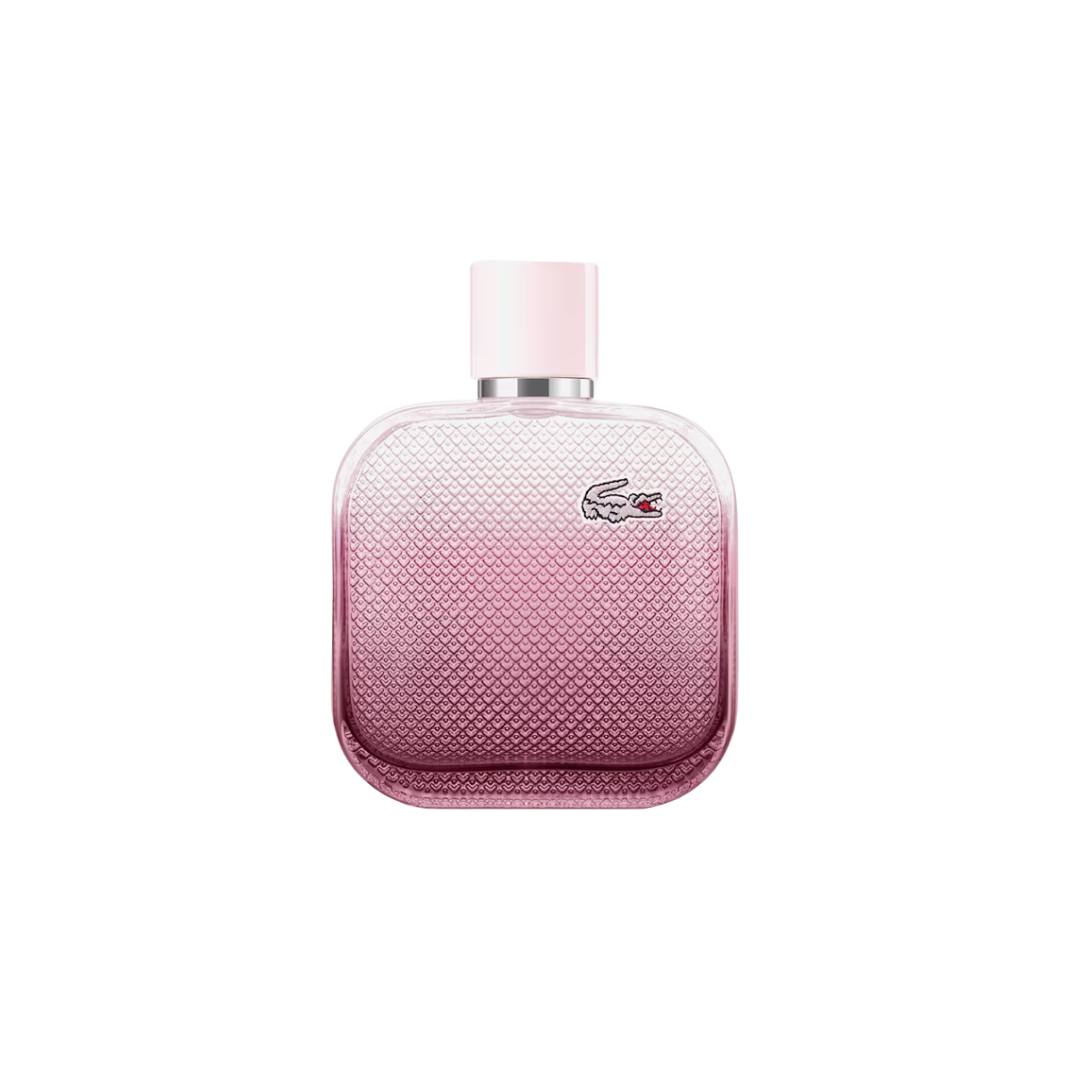 Pink Lacoste perfume bottle on a white background
