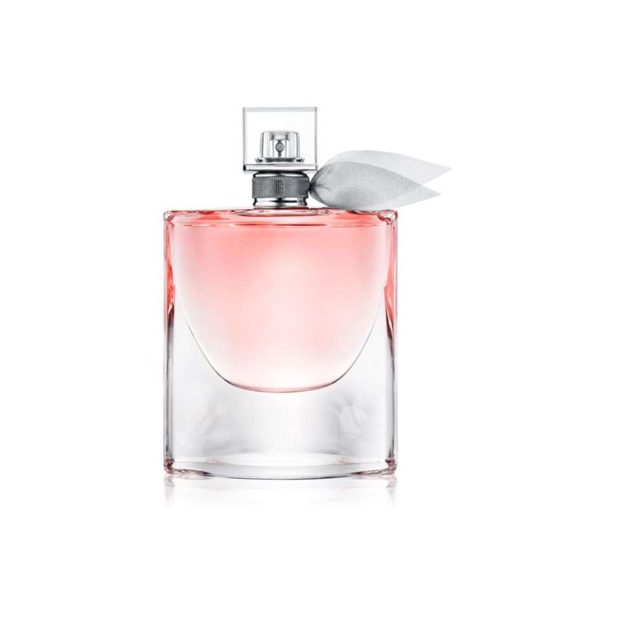 Pink perfume bottle with a silver cap on a white background