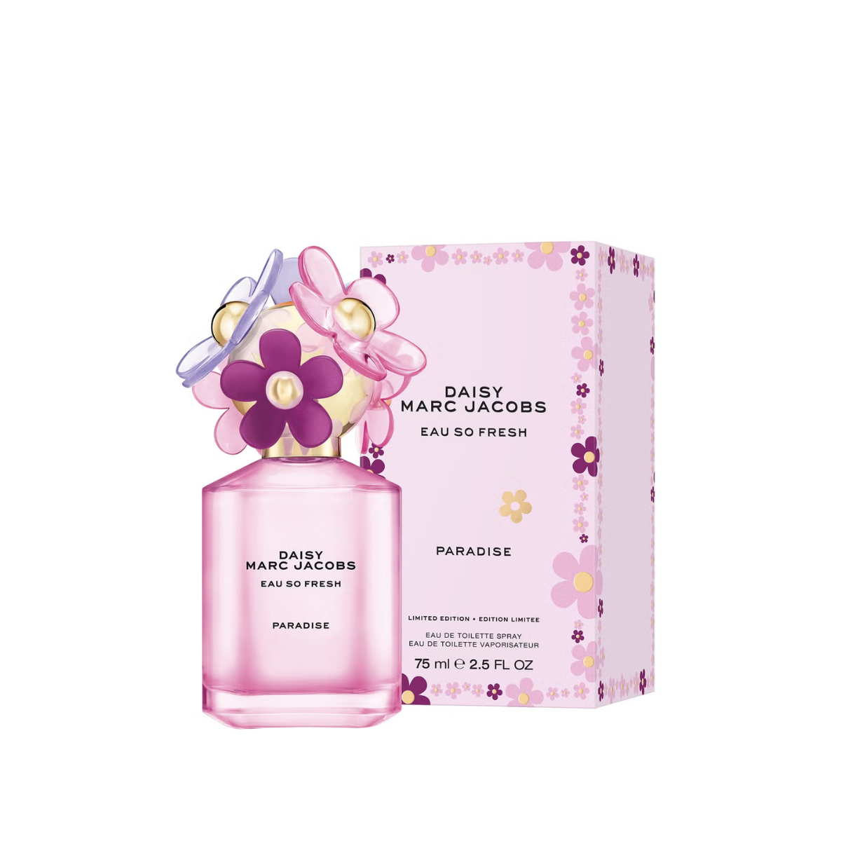 Pink Daisy Marc Jacobs perfume bottle with packaging on a white background