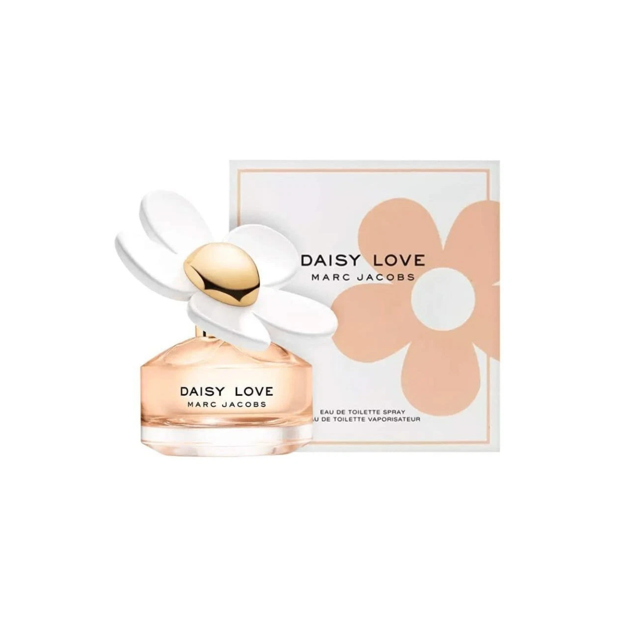 Marc Jacobs Daisy Love perfume bottle and packaging on a white background