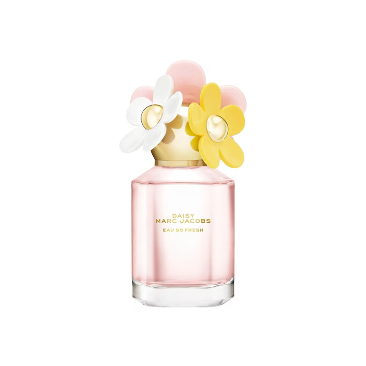 Pink perfume bottle with floral design on a white background