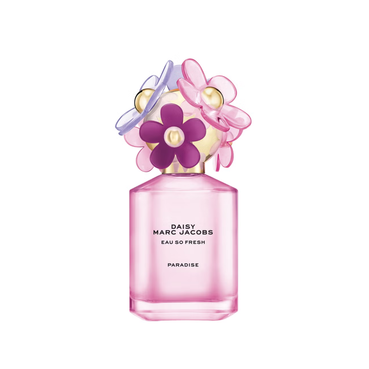 Pink Marc Jacobs Daisy perfume bottle with floral design on a white background