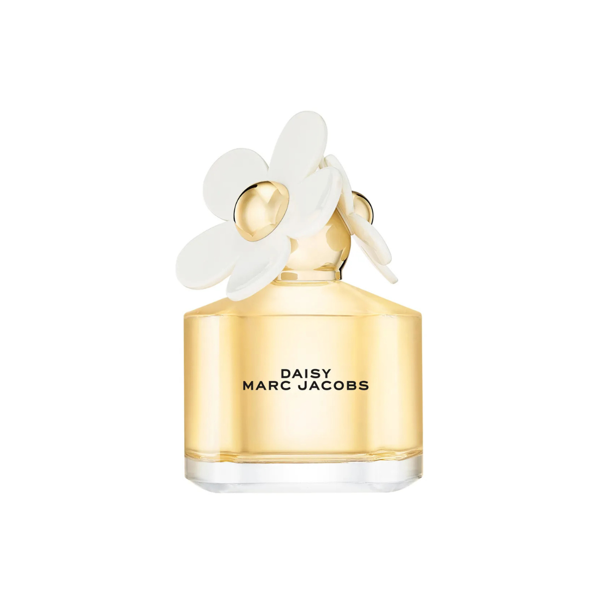 Marc Jacobs Daisy perfume bottle with a white flower on a white background