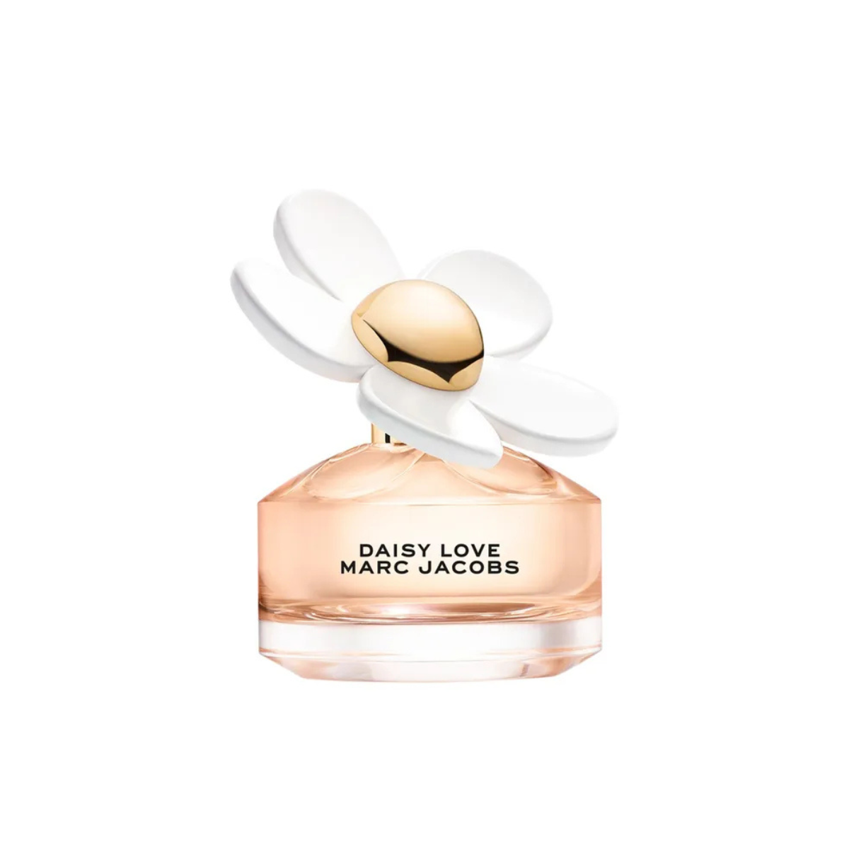 Marc Jacobs Daisy Love perfume bottle with a white flower on a white background