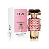 Paco Rabanne 'Fame Blooming Pink' perfume bottle and packaging on a white background