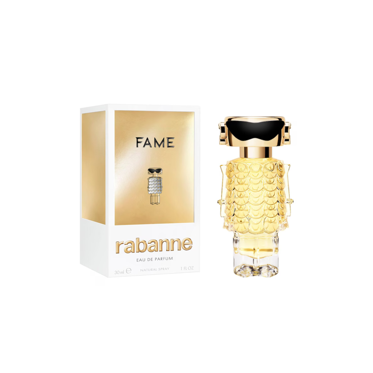 Rabanne 'Fame' perfume bottle and packaging on a white background