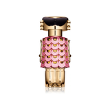 Perfume bottle with pink decorative cap on a white background