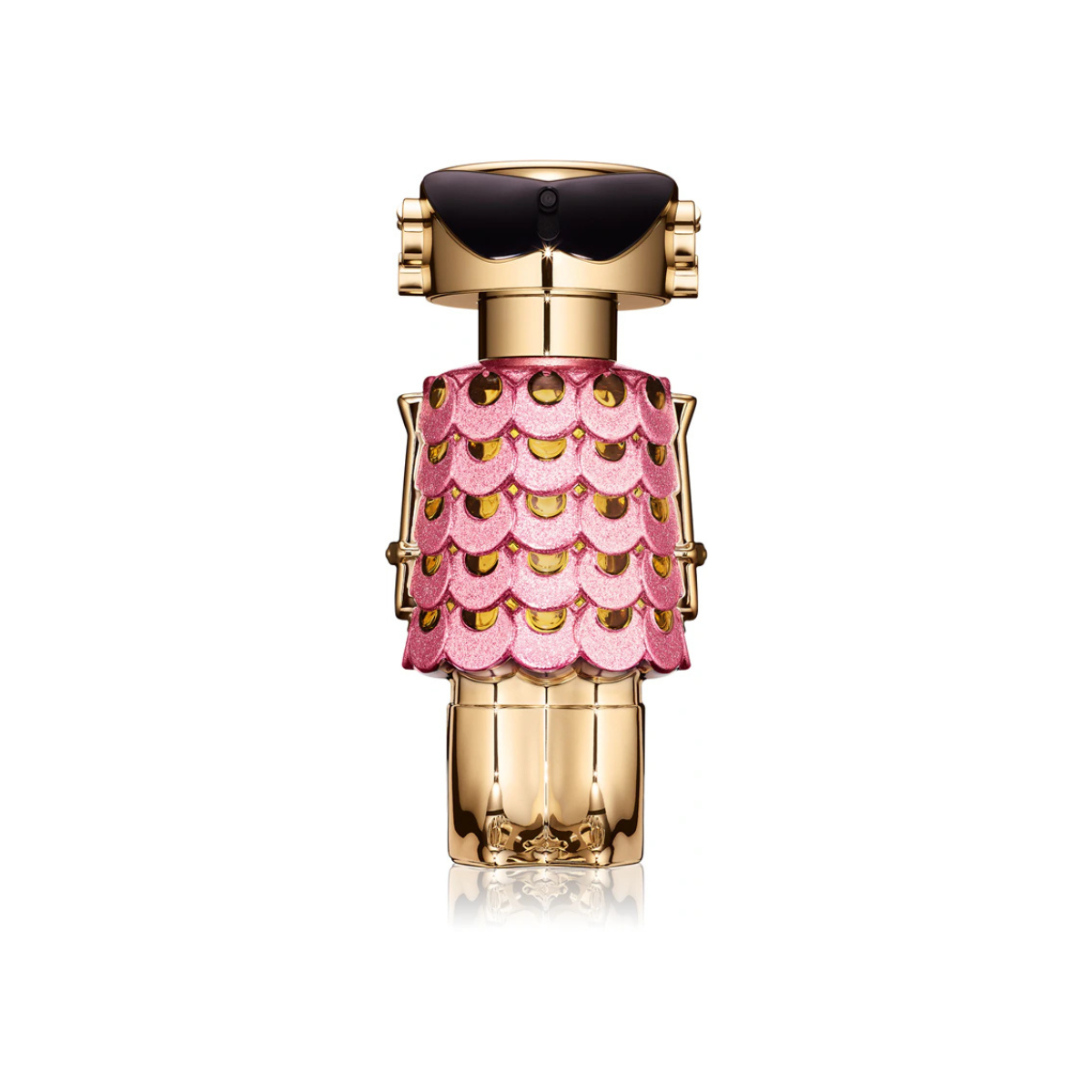 Perfume bottle with pink decorative cap on a white background