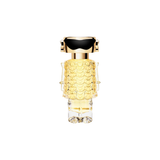 Perfume bottle with gold cap and clear body on a white background