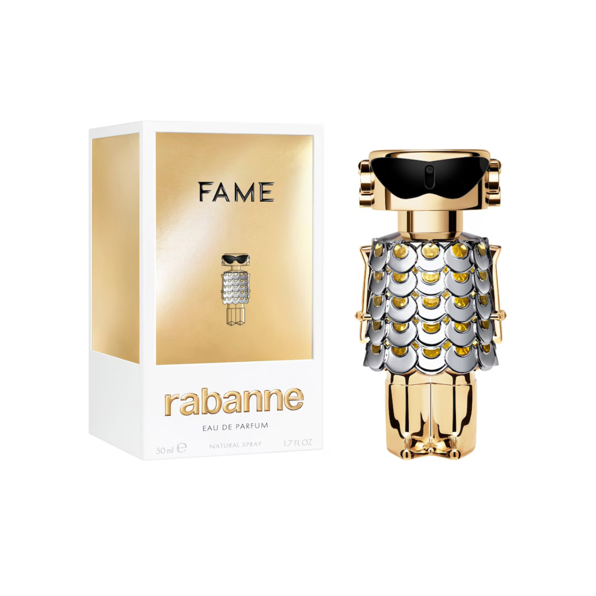 Rabanne Fame perfume bottle and packaging on a white background