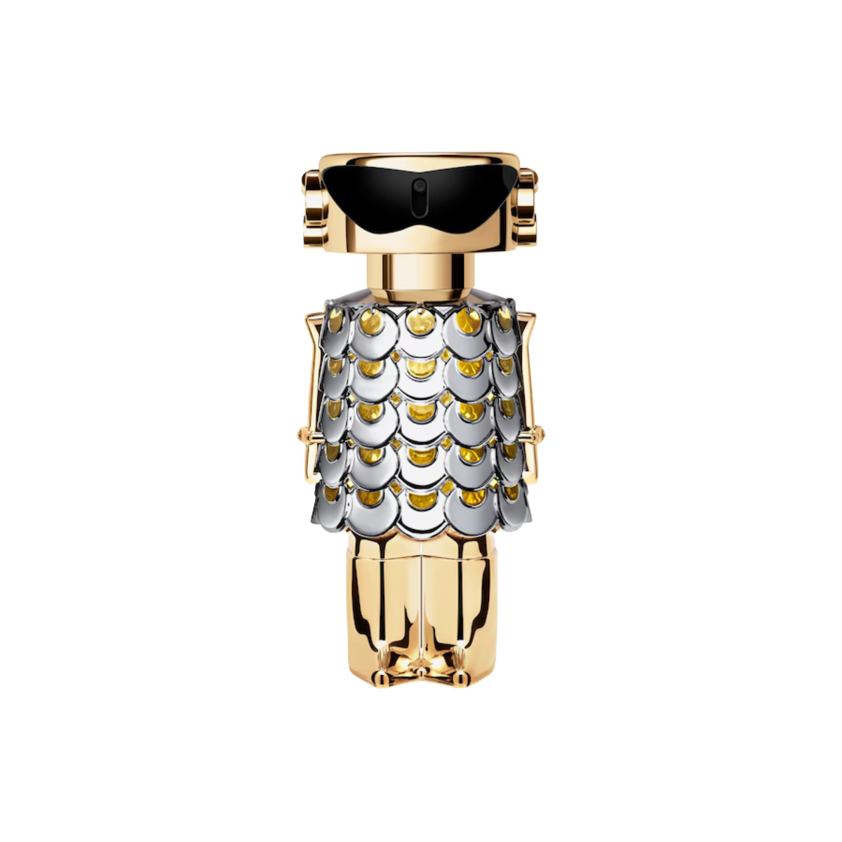 Gold and silver owl-shaped perfume bottle on a white background