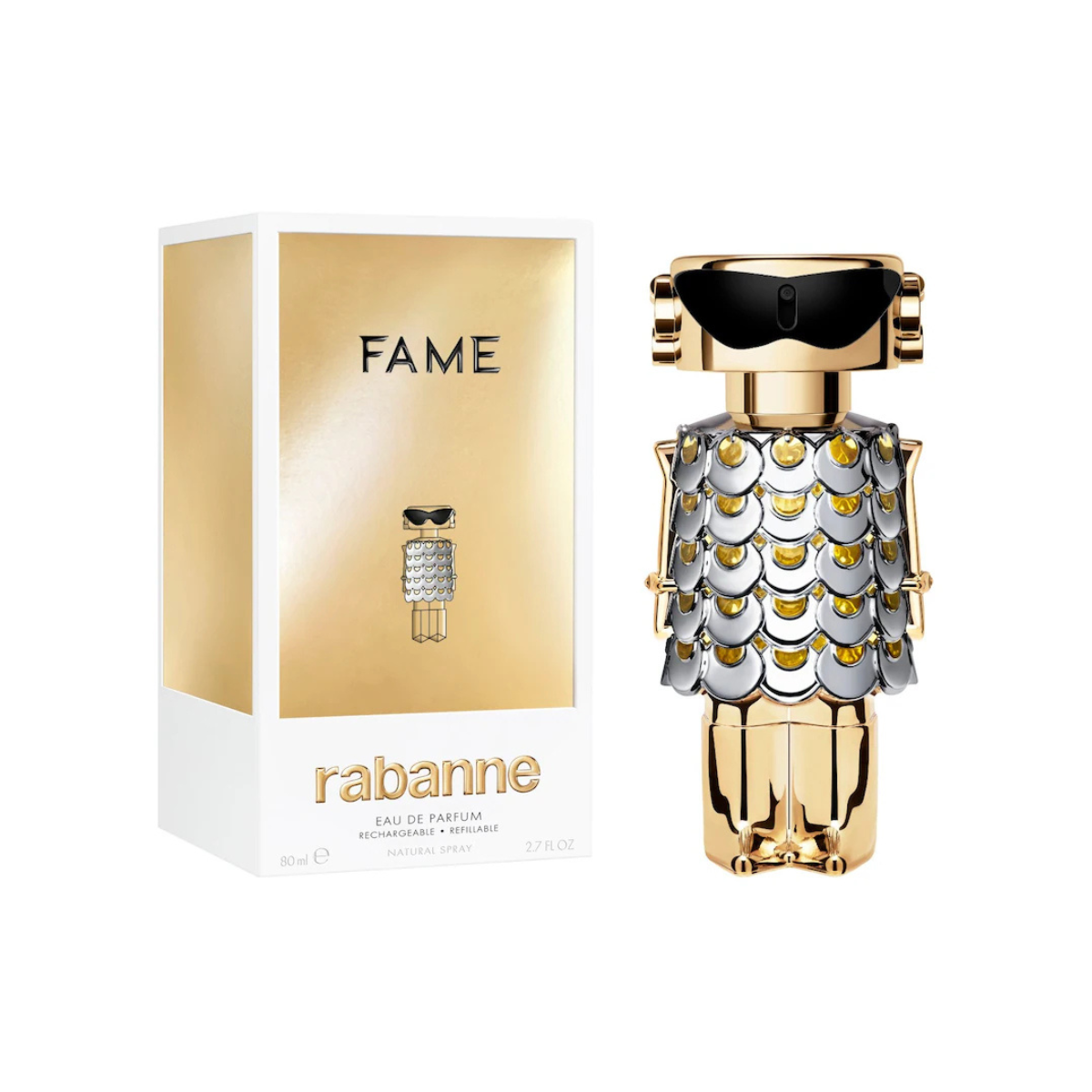 Rabanne 'Fame' perfume bottle and packaging on a white background