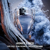 Perfume bottle with icy background and product description text