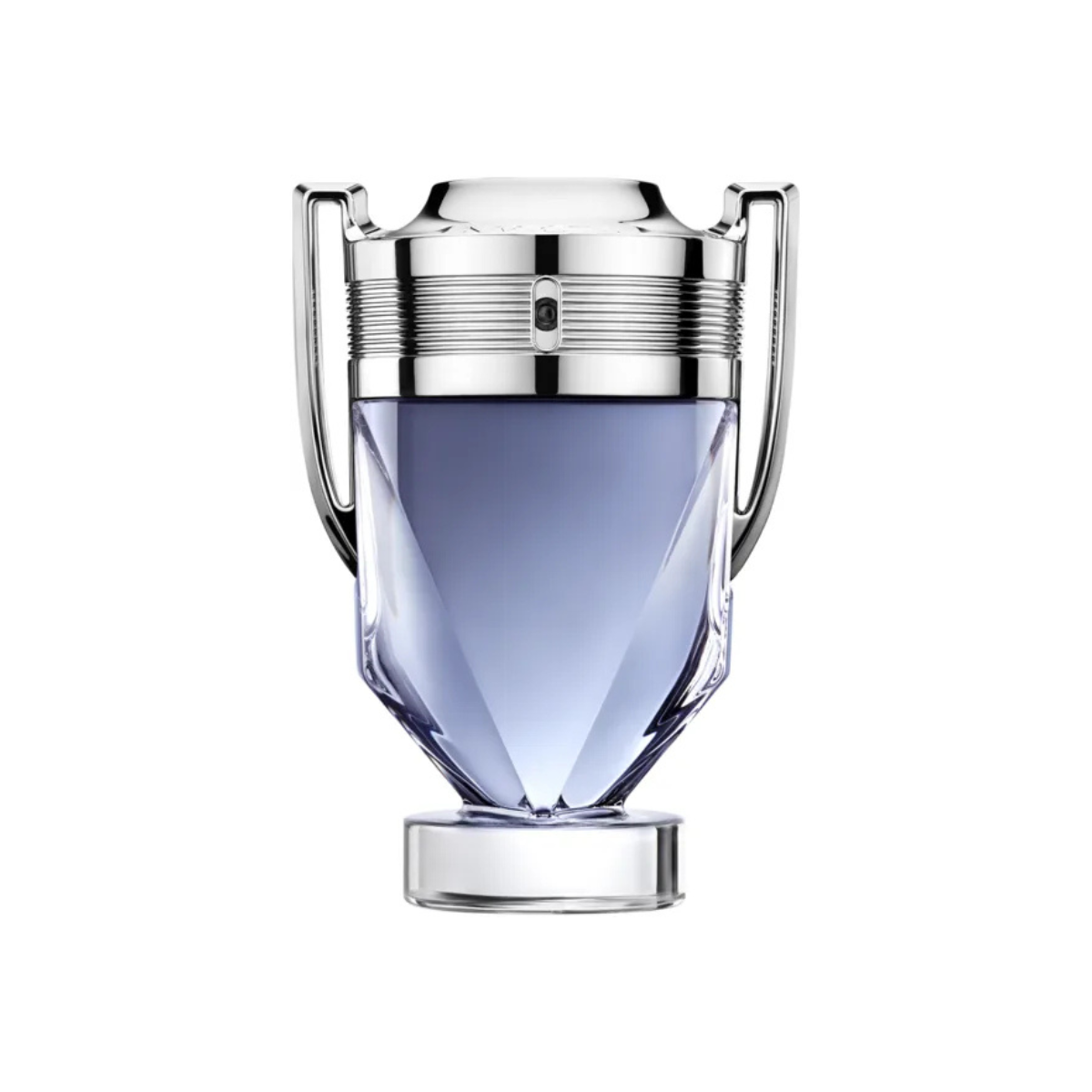 Perfume bottle with blue liquid and silver cap on a white background