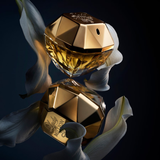 Gold perfume bottle with geometric design on a dark background
