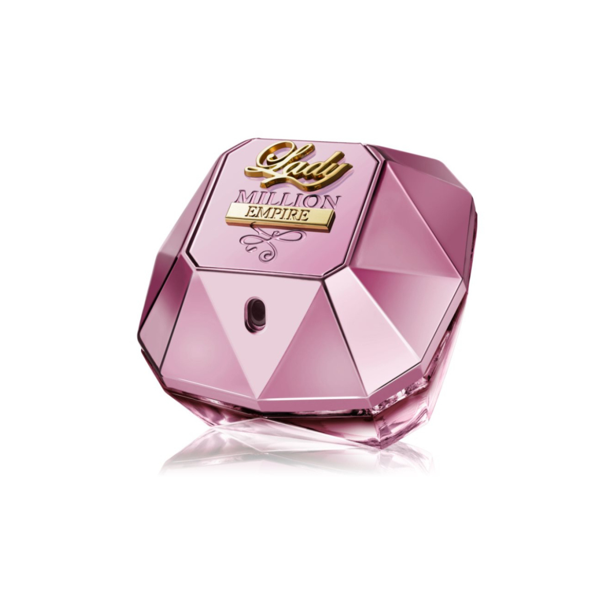 Pink perfume bottle with gold accents on a white background