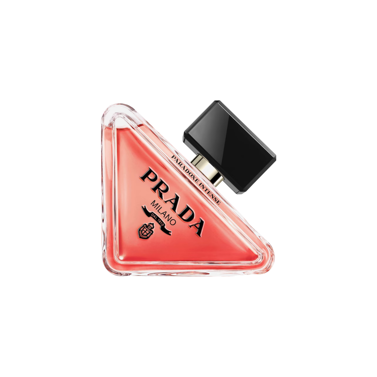 Prada Milano perfume bottle with a triangular design on a white background