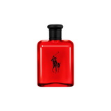Red perfume bottle with black cap and logo on a white background