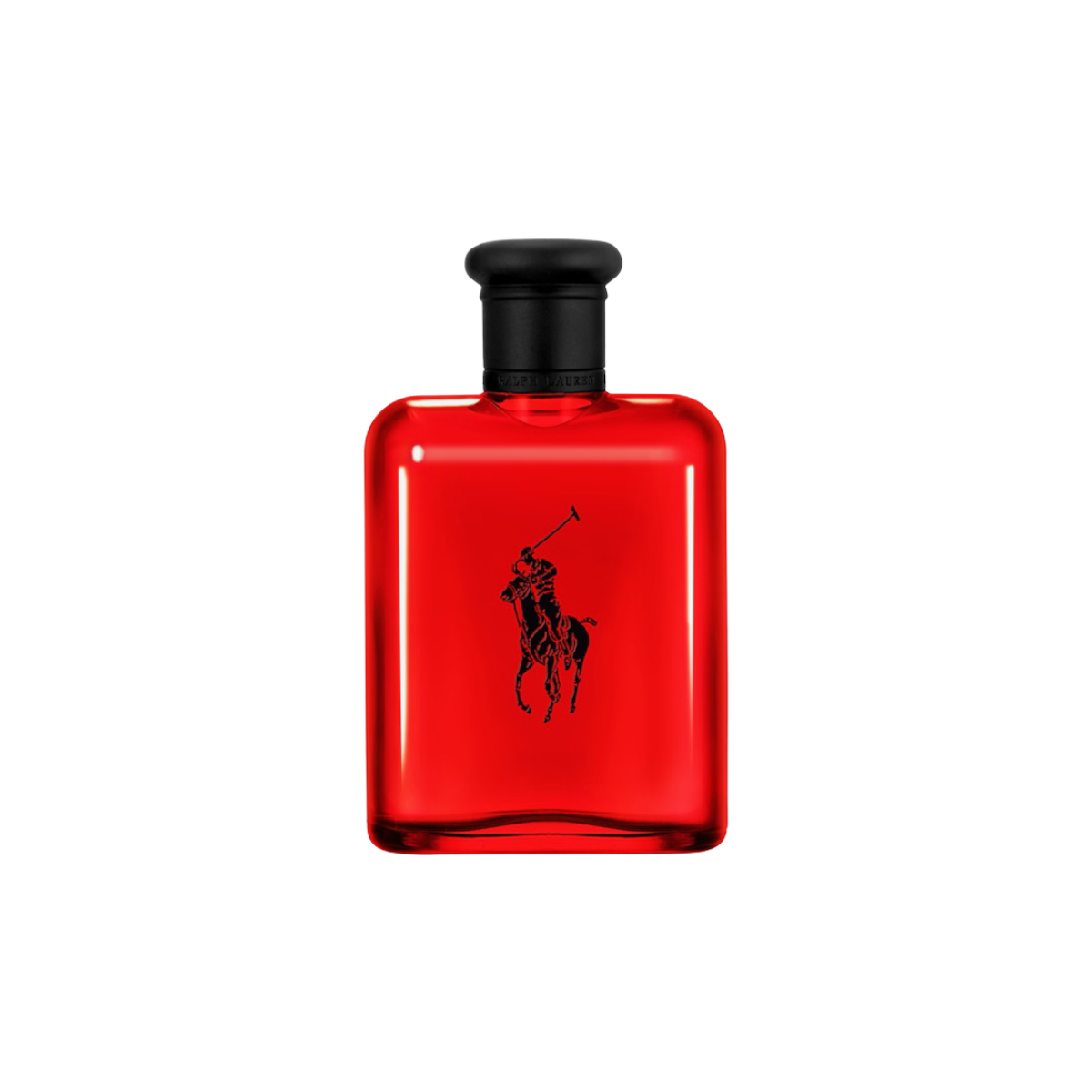 Red perfume bottle with black cap and logo on a white background