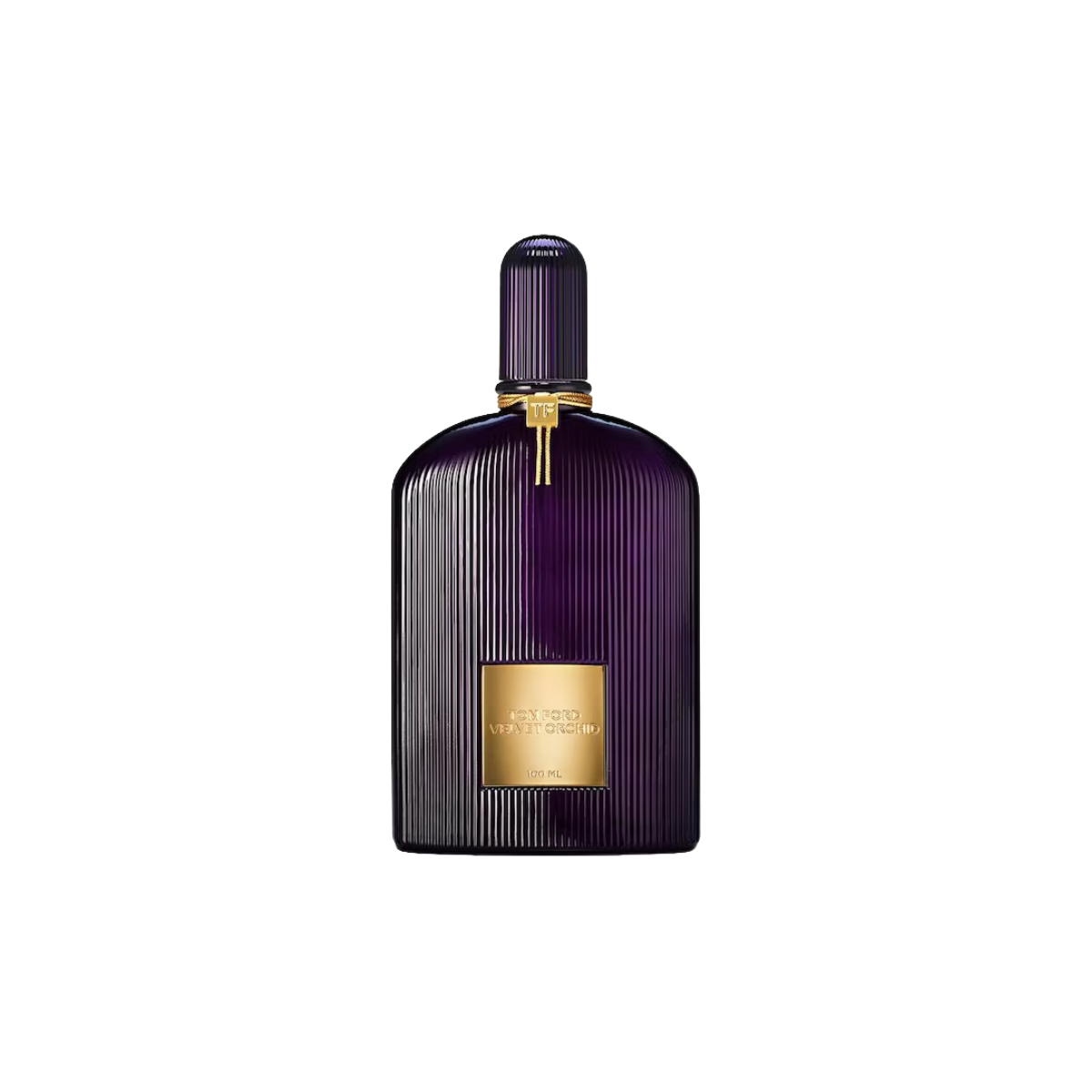Perfume bottle with gold label on a white background