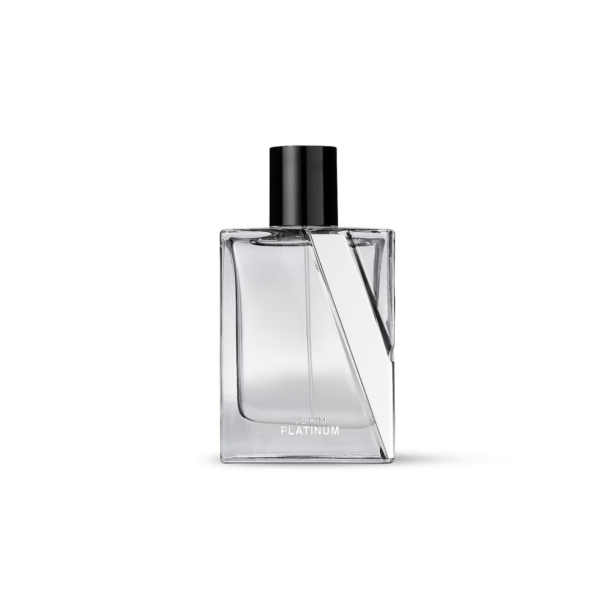 Clear perfume bottle with black cap on a white background