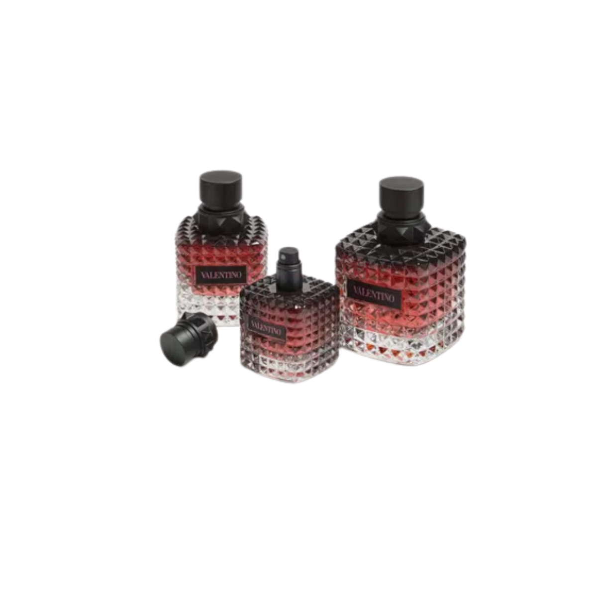 Three Valentina perfume bottles on a white background