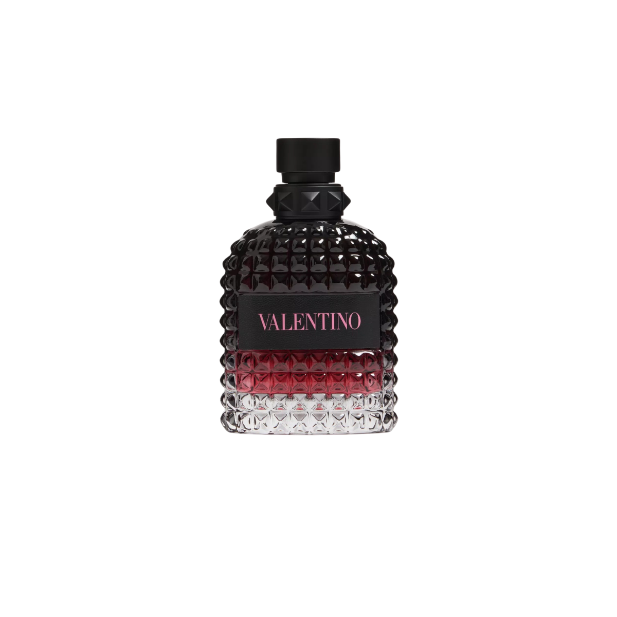 Valentino perfume bottle with black and red design on a white background