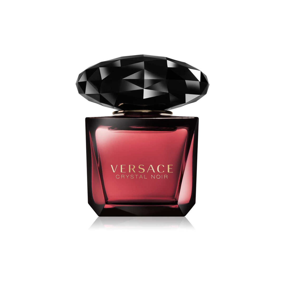 Versace Crystal Noir perfume bottle with black cap on a white background