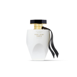 White perfume bottle with black cap and ribbon on a white background