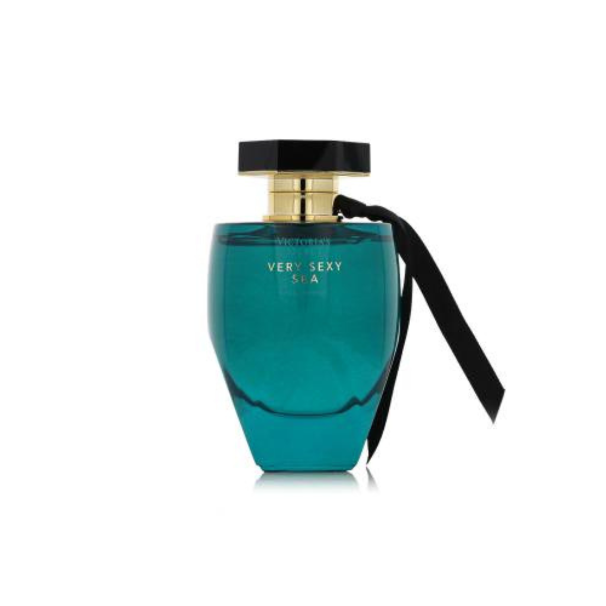 Teal perfume bottle with black cap and ribbon on a white background