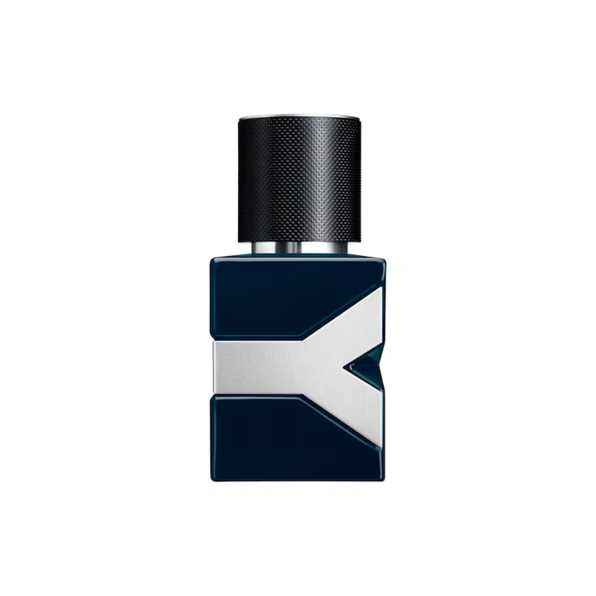 Blue and black perfume bottle on a white background